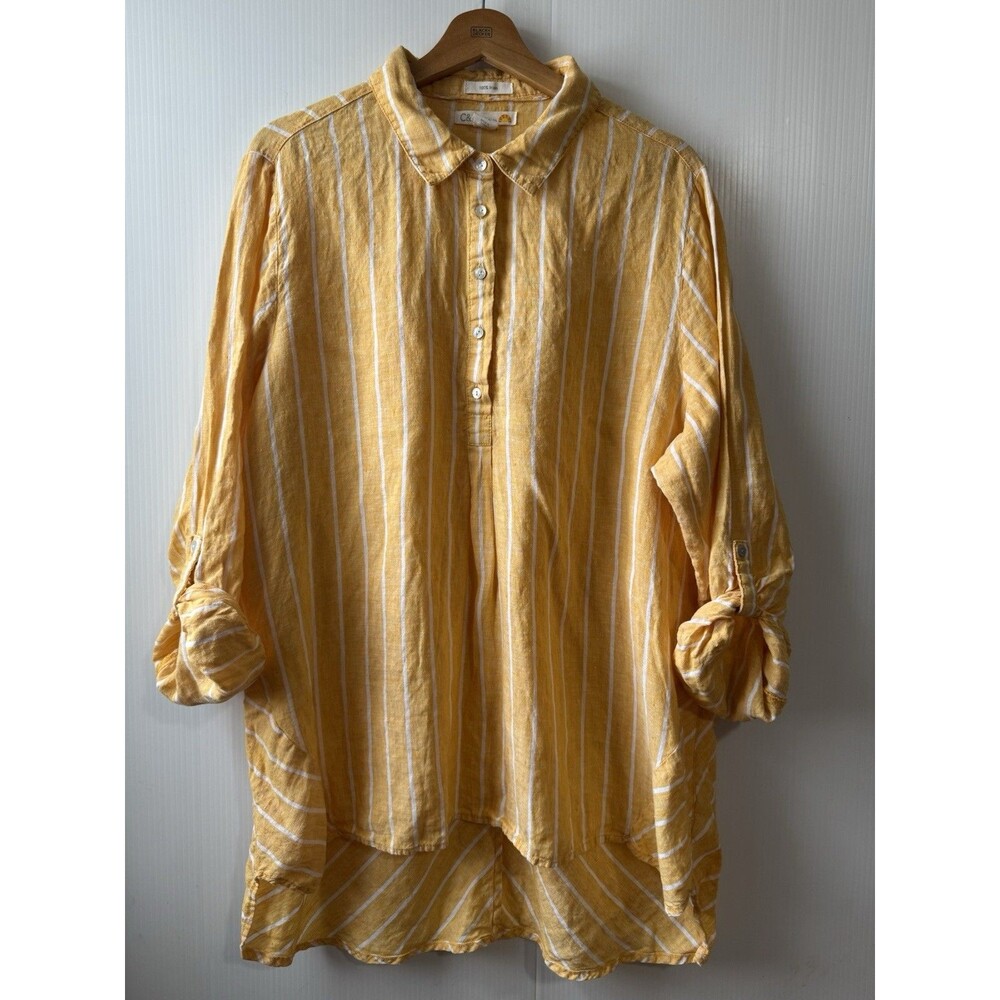 C & C California 1X Top Women’s 100% Linen Button Up 3/4 Roll Tab Sleeve Yellow
